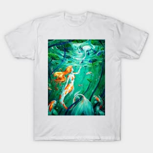 The Gift - Watercolor carp Koy Mermaid in a Pond Painting T-Shirt